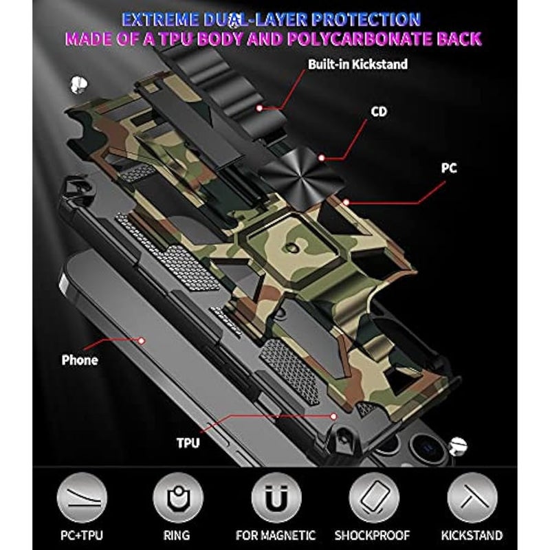 for iPhone 13 Pro Max Camouflage Design Case, Heavy Duty Shockproof Protection Military Grade Built-in Magnetic Kickstand Cover for iPhone 13 Pro Max MC Army Green - Image 2
